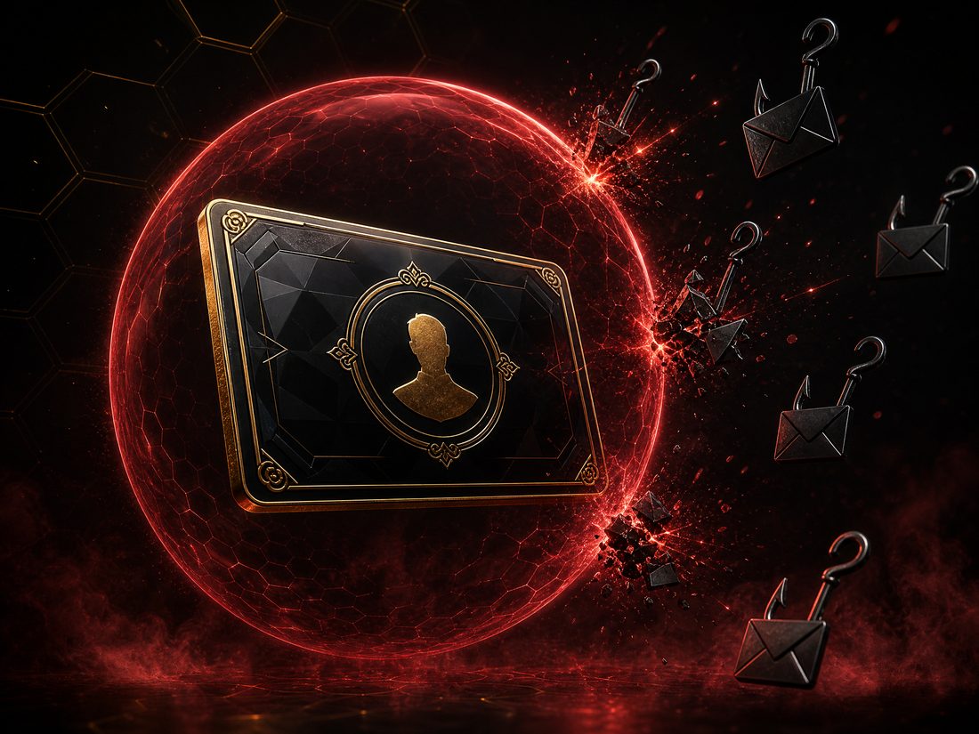Black and gold account card protected by a crimson barrier deflecting phishing icons that break into embers