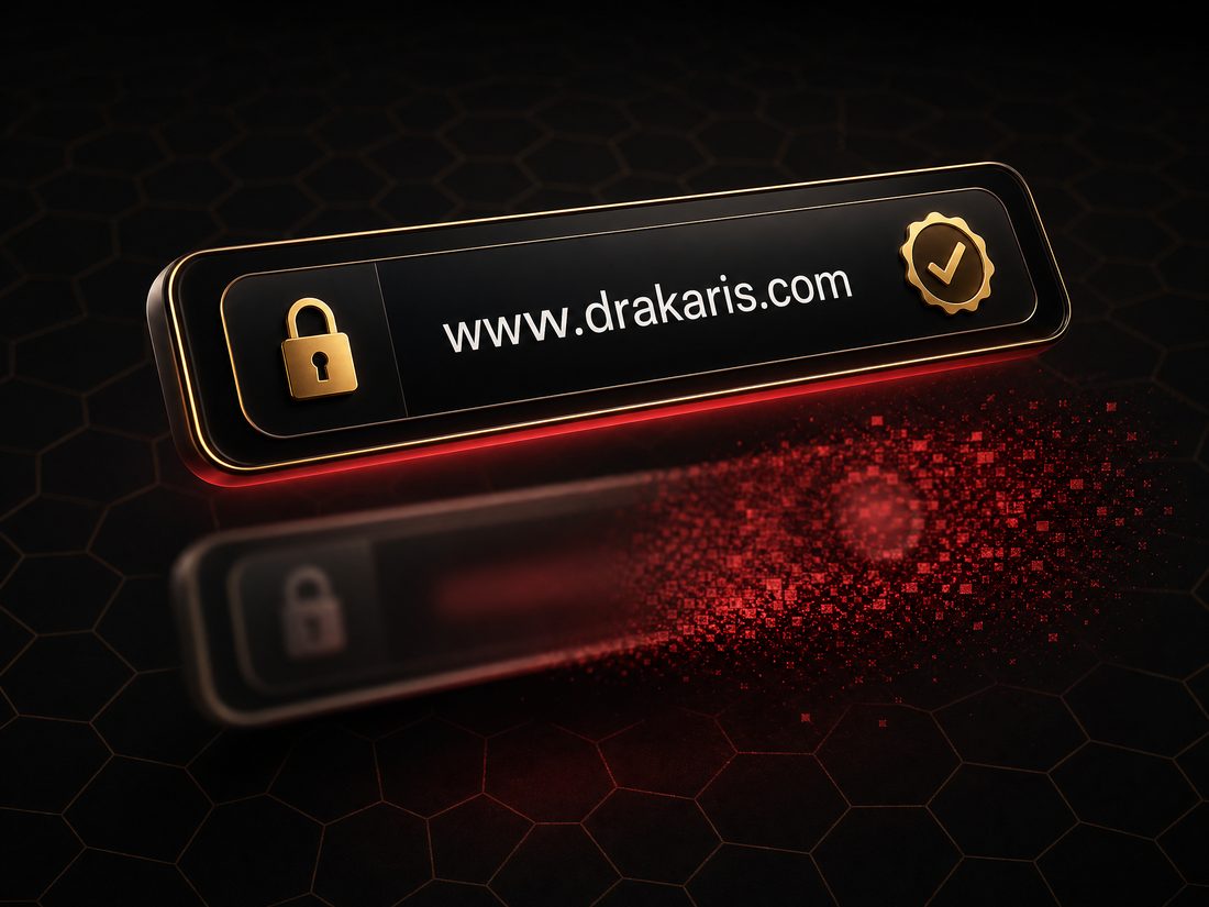 Dark browser address bar showing www.drakaris.com with a gold padlock and verified badge while a cloned address bar dissolves behind it